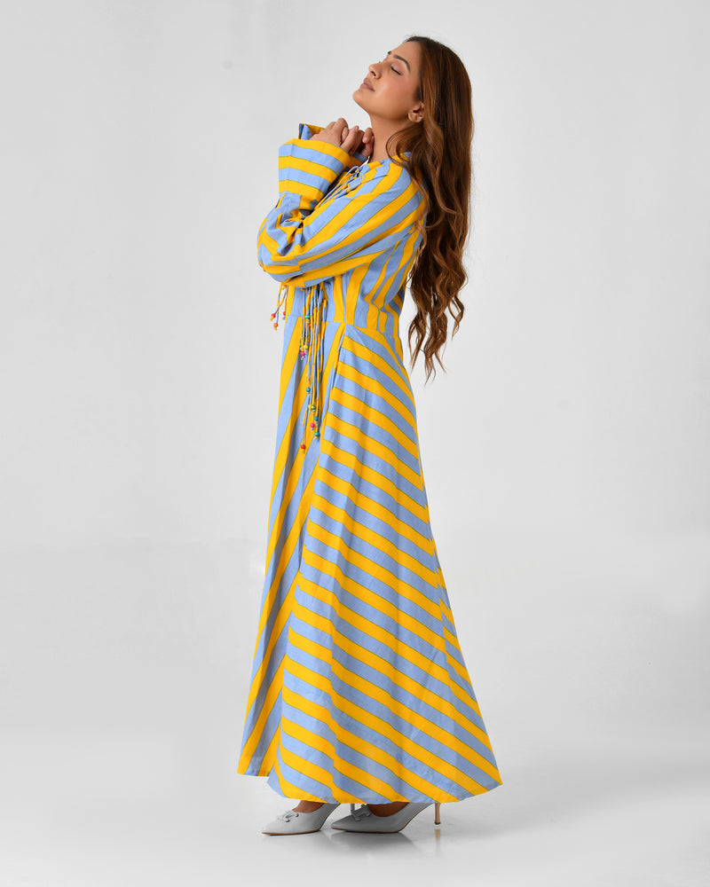 Yellow & Turquoise Striped Cotton Maxi Dress with Bead Detail