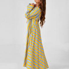 Yellow & Turquoise Striped Cotton Maxi Dress with Bead Detail