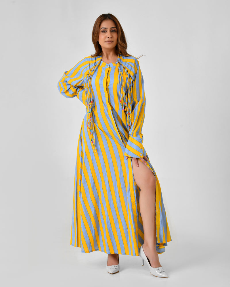 Yellow & Turquoise Striped Cotton Maxi Dress with Bead Detail