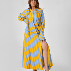 Yellow & Turquoise Striped Cotton Maxi Dress with Bead Detail