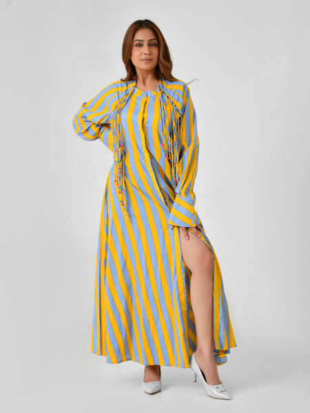 Yellow & Turquoise Striped Cotton Maxi Dress with Bead Detail
