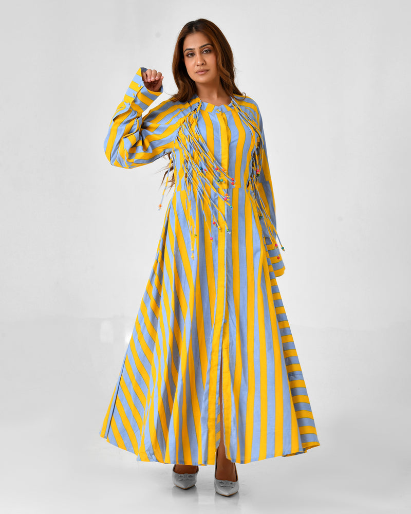 Yellow & Turquoise Striped Cotton Maxi Dress with Bead Detail