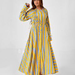 Yellow & Turquoise Striped Cotton Maxi Dress with Bead Detail