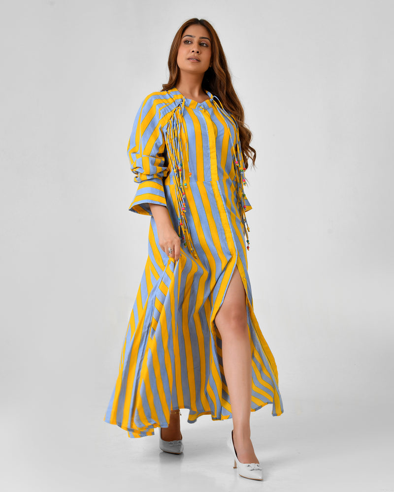 Yellow & Turquoise Striped Cotton Maxi Dress with Bead Detail