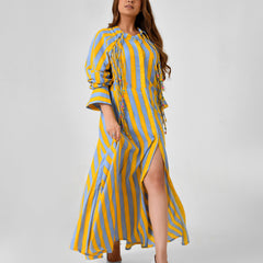 Yellow & Turquoise Striped Cotton Maxi Dress with Bead Detail