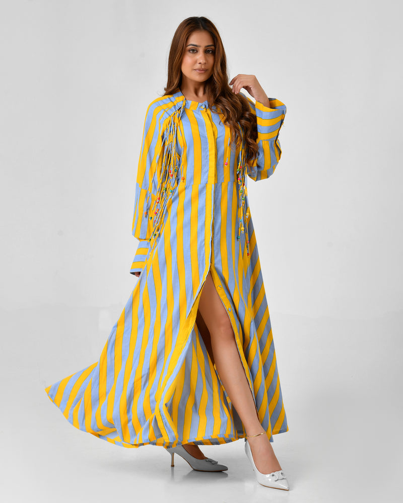 Yellow & Turquoise Striped Cotton Maxi Dress with Bead Detail