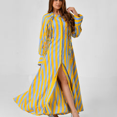 Yellow & Turquoise Striped Cotton Maxi Dress with Bead Detail