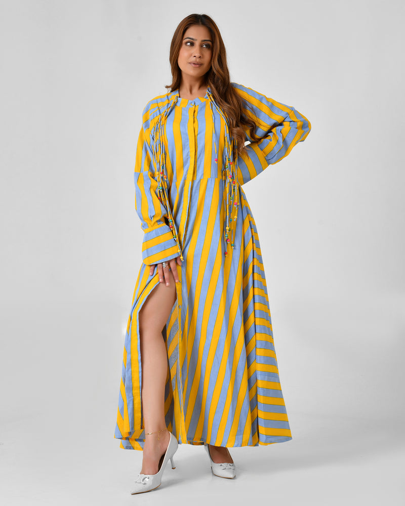 Yellow & Turquoise Striped Cotton Maxi Dress with Bead Detail