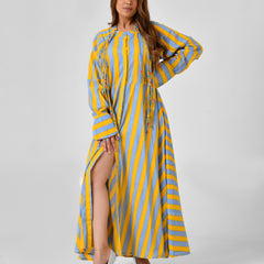 Yellow & Turquoise Striped Cotton Maxi Dress with Bead Detail