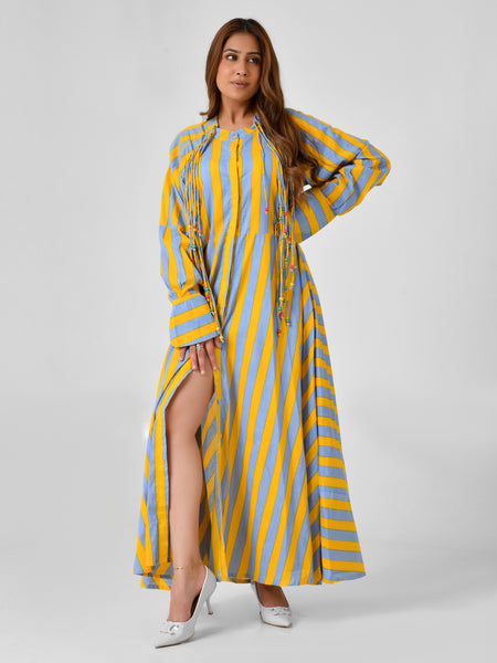 Yellow & Turquoise Striped Cotton Maxi Dress with Bead Detail