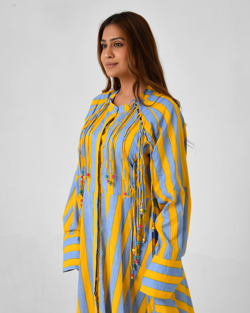 Yellow & Turquoise Striped Cotton Maxi Dress with Bead Detail