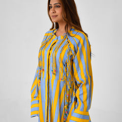 Yellow & Turquoise Striped Cotton Maxi Dress with Bead Detail
