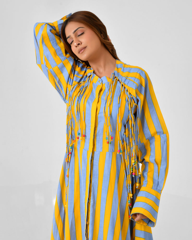 Yellow & Turquoise Striped Cotton Maxi Dress with Bead Detail