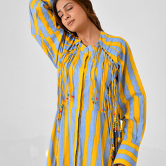 Yellow & Turquoise Striped Cotton Maxi Dress with Bead Detail