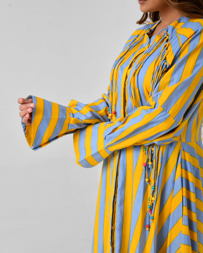 Yellow & Turquoise Striped Cotton Maxi Dress with Bead Detail
