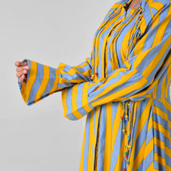 Yellow & Turquoise Striped Cotton Maxi Dress with Bead Detail