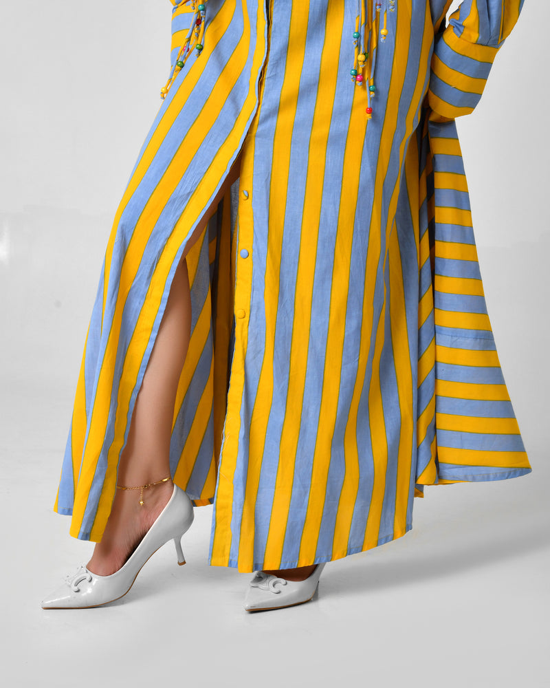 Yellow & Turquoise Striped Cotton Maxi Dress with Bead Detail
