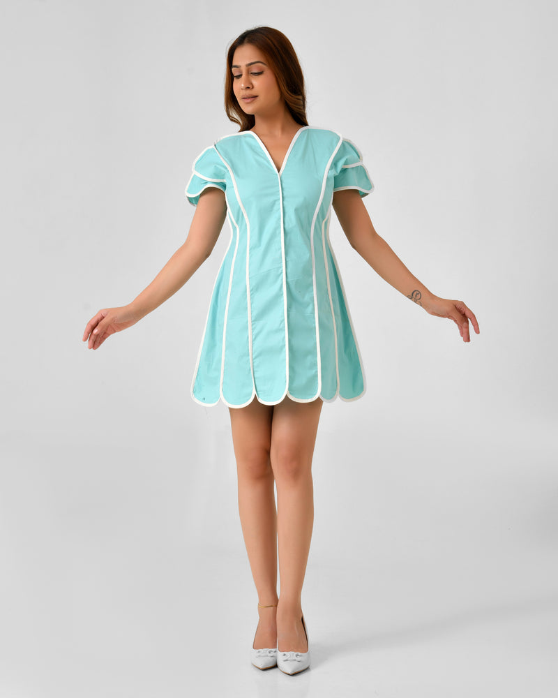 Turquoise Blue Cotton Dress with White Line Detail & Flowing Sleeves