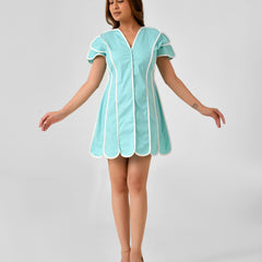 Turquoise Blue Cotton Dress with White Line Detail & Flowing Sleeves