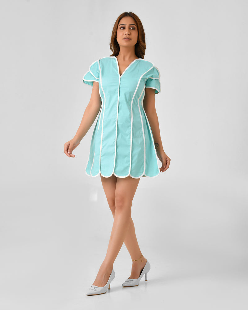 Turquoise Blue Cotton Dress with White Line Detail & Flowing Sleeves