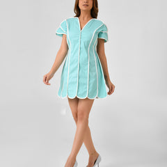 Turquoise Blue Cotton Dress with White Line Detail & Flowing Sleeves