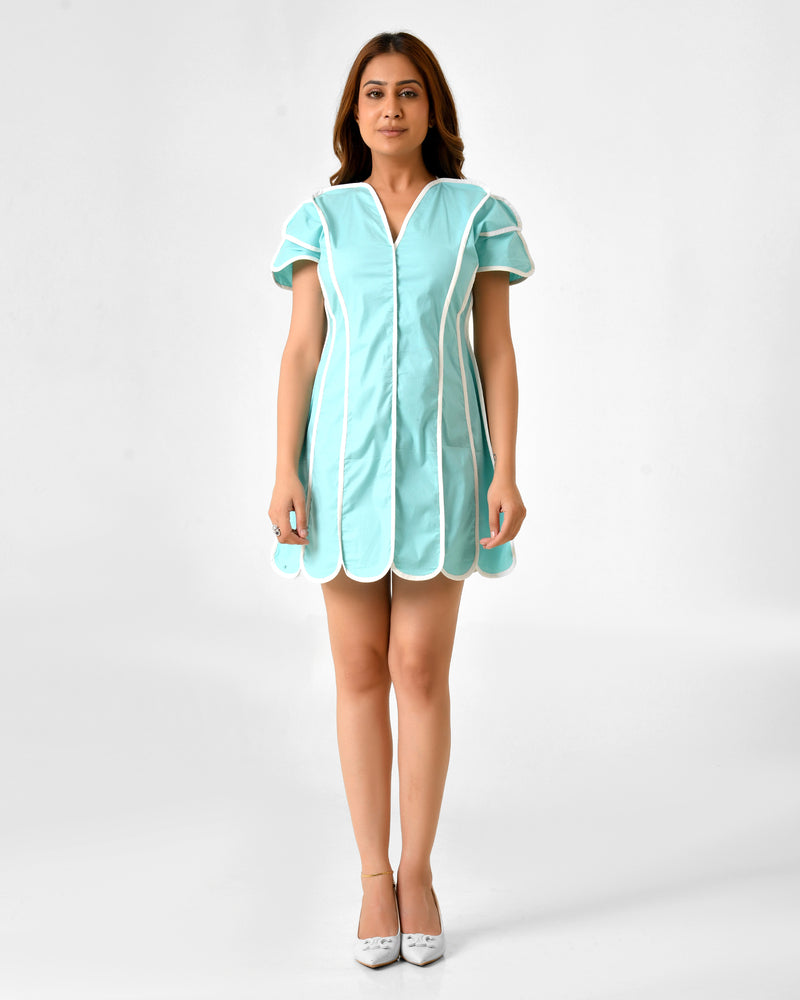 Turquoise Blue Cotton Dress with White Line Detail & Flowing Sleeves