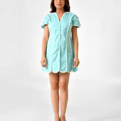Turquoise Blue Cotton Dress with White Line Detail & Flowing Sleeves