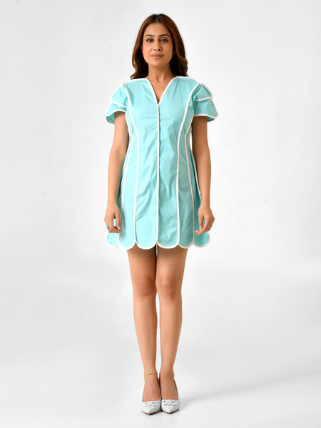 Turquoise Blue Cotton Dress with White Line Detail & Flowing Sleeves