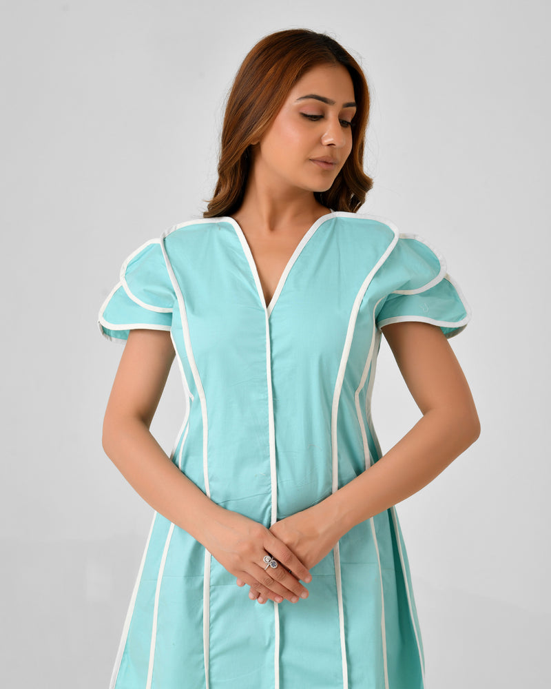 Turquoise Blue Cotton Dress with White Line Detail & Flowing Sleeves