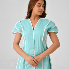 Turquoise Blue Cotton Dress with White Line Detail & Flowing Sleeves