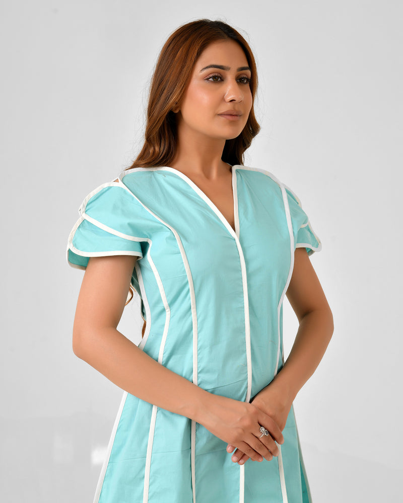 Turquoise Blue Cotton Dress with White Line Detail & Flowing Sleeves