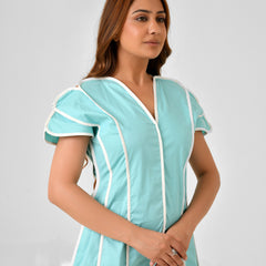 Turquoise Blue Cotton Dress with White Line Detail & Flowing Sleeves