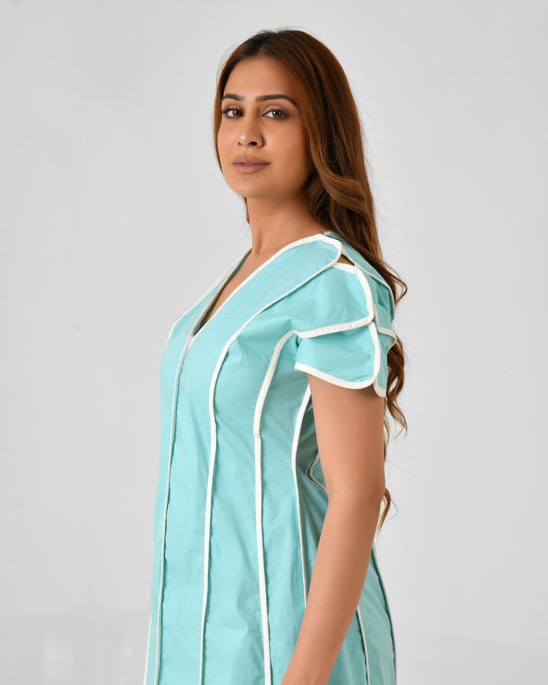 Turquoise Blue Cotton Dress with White Line Detail & Flowing Sleeves