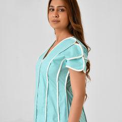 Turquoise Blue Cotton Dress with White Line Detail & Flowing Sleeves