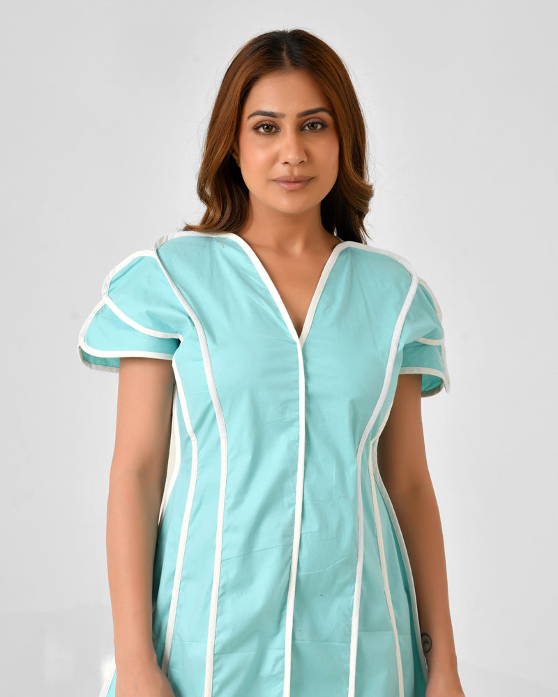 Turquoise Blue Cotton Dress with White Line Detail & Flowing Sleeves