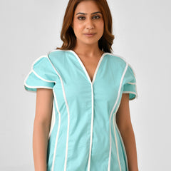 Turquoise Blue Cotton Dress with White Line Detail & Flowing Sleeves