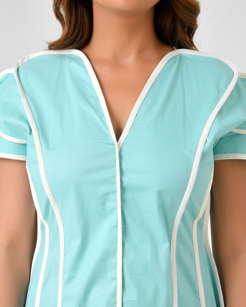 Turquoise Blue Cotton Dress with White Line Detail & Flowing Sleeves
