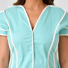 Turquoise Blue Cotton Dress with White Line Detail & Flowing Sleeves