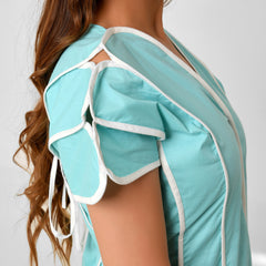 Turquoise Blue Cotton Dress with White Line Detail & Flowing Sleeves
