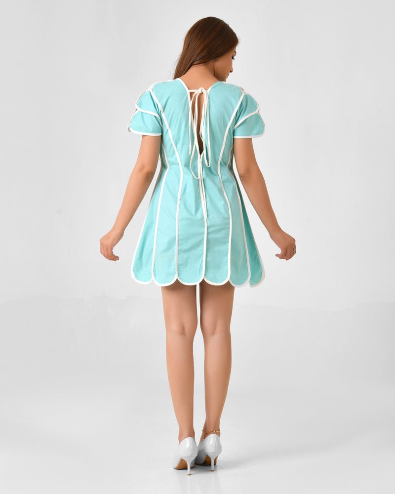 Turquoise Blue Cotton Dress with White Line Detail & Flowing Sleeves