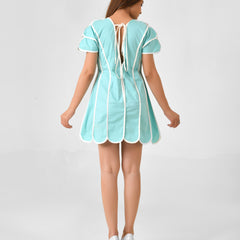 Turquoise Blue Cotton Dress with White Line Detail & Flowing Sleeves