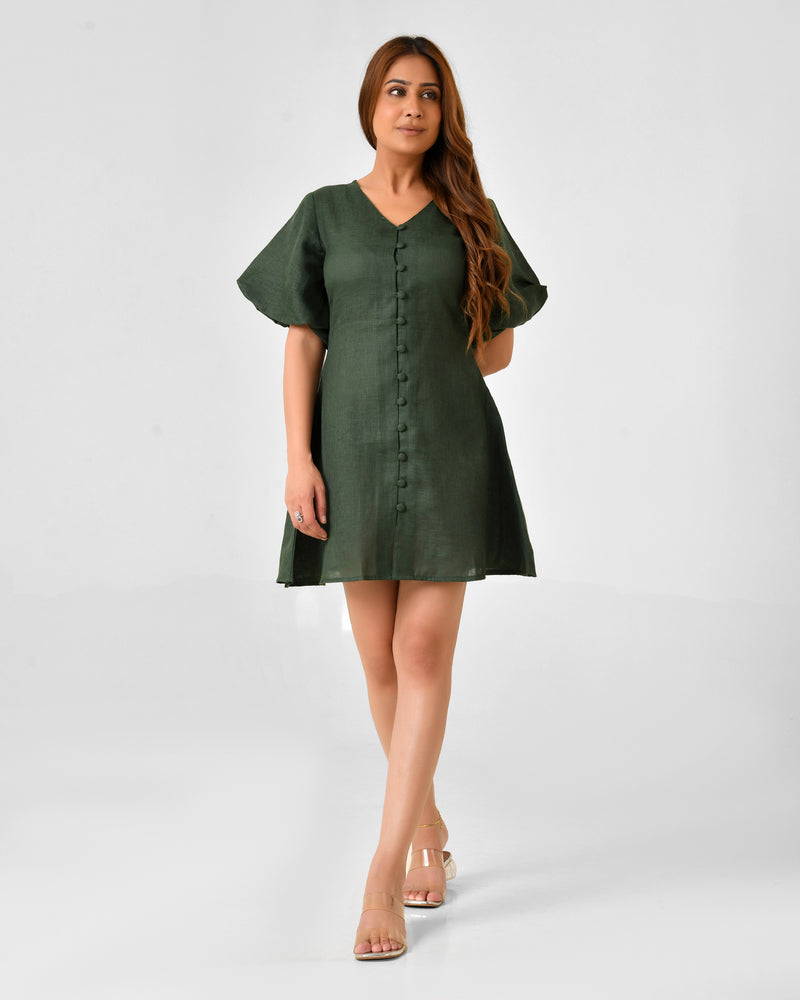 Emerald Green Linen Finish Fit & Flare Dress with Puff Sleeves