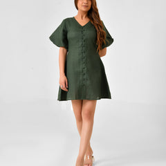 Emerald Green Linen Finish Fit & Flare Dress with Puff Sleeves