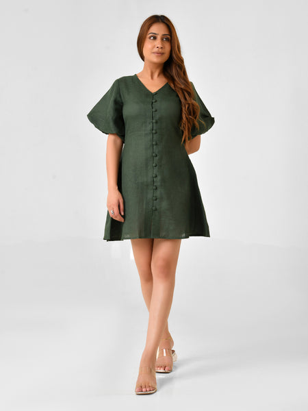 Emerald Green Linen Finish Fit & Flare Dress with Puff Sleeves