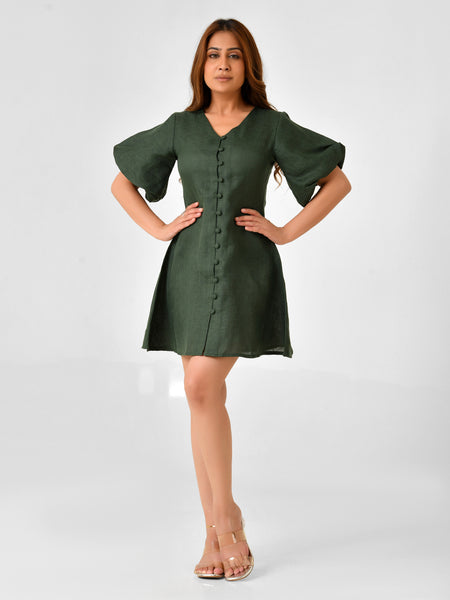 Emerald Green Linen Finish Fit & Flare Dress with Puff Sleeves