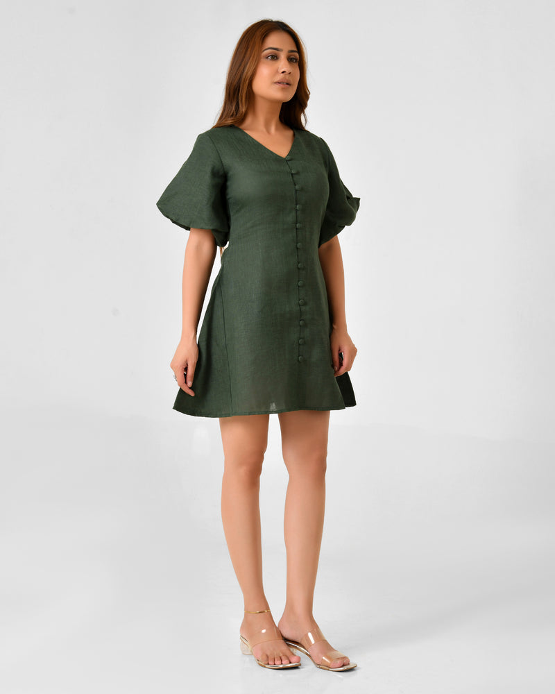 Emerald Green Linen Finish Fit & Flare Dress with Puff Sleeves