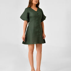 Emerald Green Linen Finish Fit & Flare Dress with Puff Sleeves