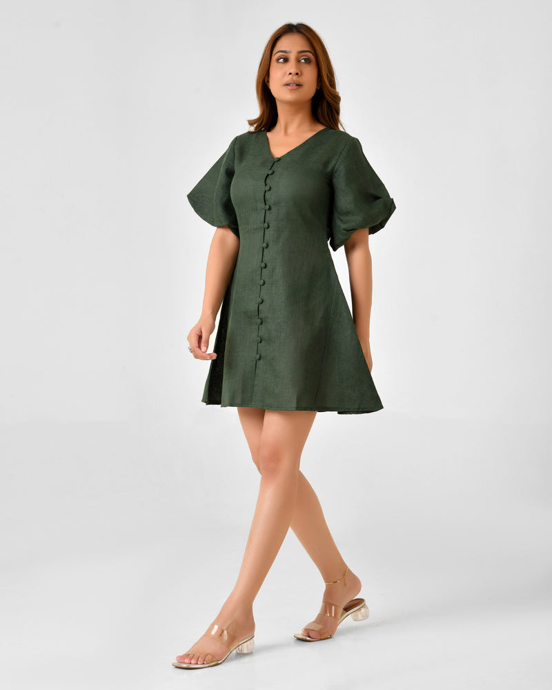 Emerald Green Linen Finish Fit & Flare Dress with Puff Sleeves