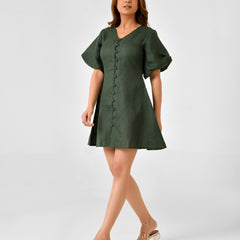 Emerald Green Linen Finish Fit & Flare Dress with Puff Sleeves
