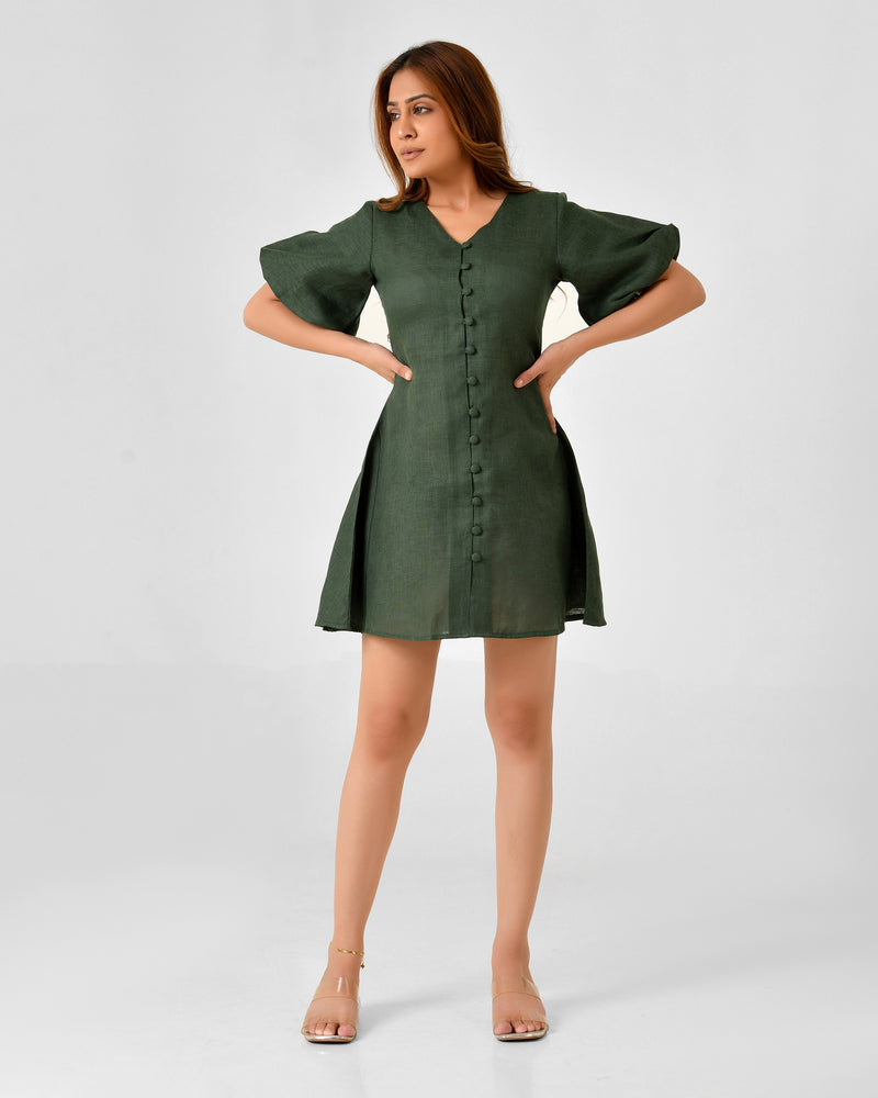 Emerald Green Linen Finish Fit & Flare Dress with Puff Sleeves